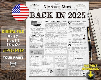 Back in 2025, Fun Facts 2025 Newspaper, Keepsake Gift Birthday, The Year 2025 Time Capsule, 2025 Poster, First birthday party decoration