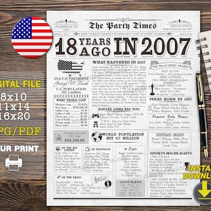 Em 2007, pôster de aniversário de jornal, placa de aniversário de 18 anos, pôster de aniversário de 2007, placa de jornal para impressão, presente de aniversário de 18 anos, presente de colega de quarto