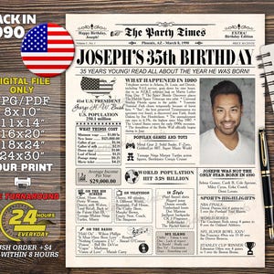 1990 poster, 35th birthday decorations, 35th birthday newspaper sign, 1990 birthday poster, 35 years ago, back in 1990, 35th Birthday Gift