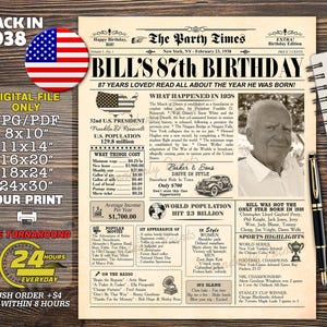 Back In 1938, 87 Geburtstag Zeitung Poster Zeichen, Printable Board vor 87 Jahren, Jubiläumsgeschenk für Frauen Mama, Papa, Eltern, jeden Alters