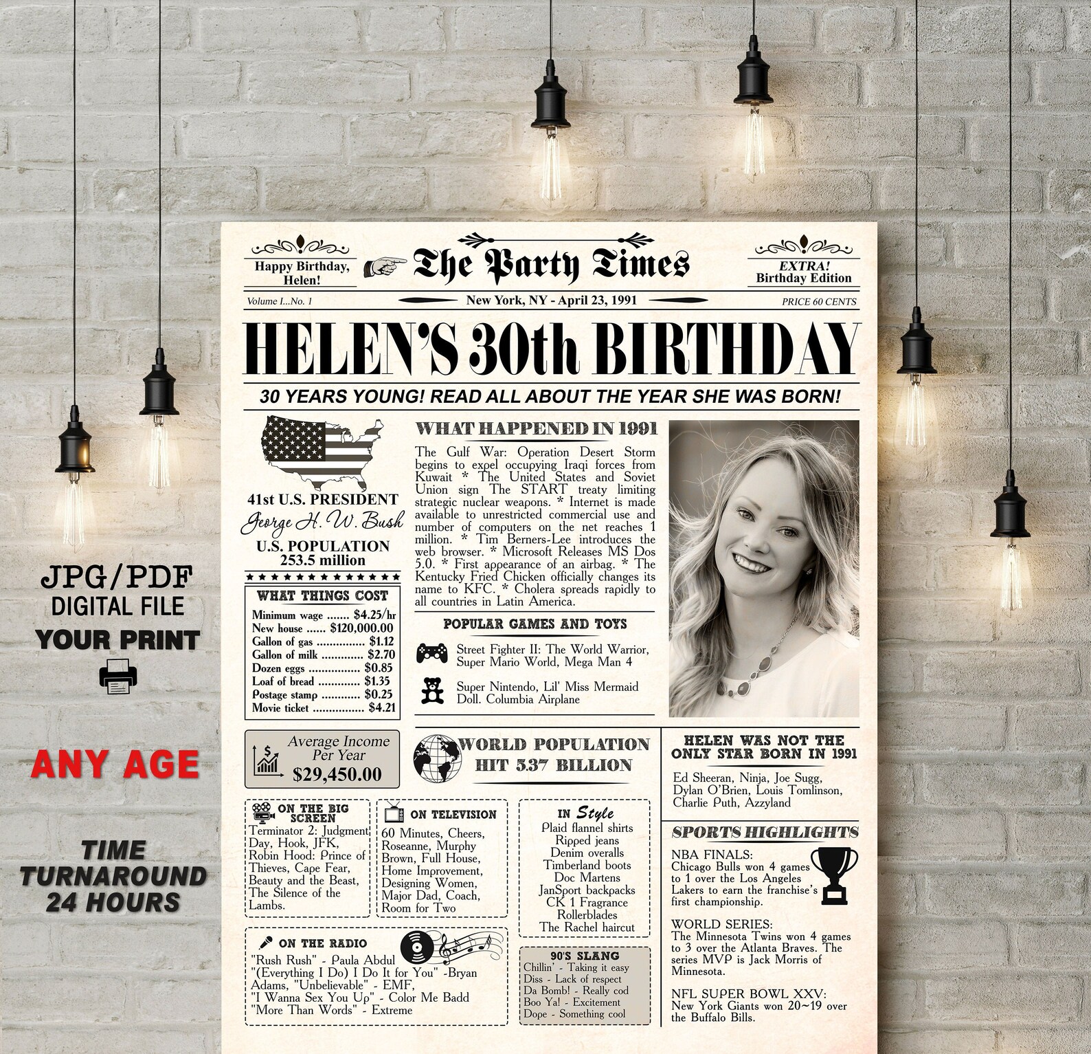 Back in 1991 30th Birthday Newspaper Poster Sign 30th | Etsy