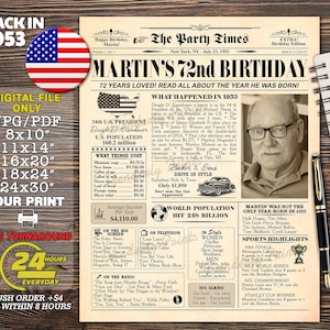 72nd Birthday Poster, 1953 Poster, Realistig Newspaper Look, The Year You Were Born, Birthday Gift, Party Decor, 72nd Newspaper, ANY AGE