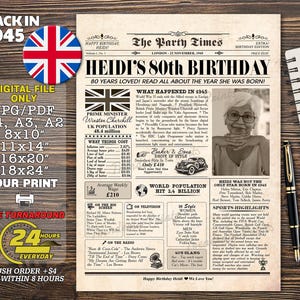 80th Birthday Newspaper, 80th Birthday Poster, UK Version 1945, 1945 Birthday Poster, British Edition, Back in 1945, 80th Birthday Gift