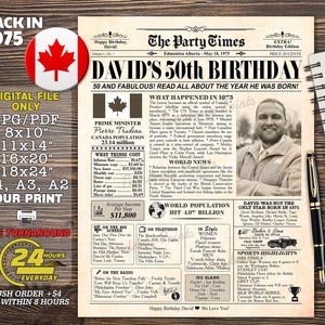 50th birthday gift for men or women, 1975 birthday newspaper poster sign, 50 and Fabulous, 50th birthday party decorations, back in 1975 CA