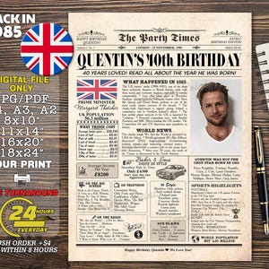 40th Birthday Sign 1985 in the UK, 40 Birthday Newspaper Poster, 1985 BRITISH facts, 40th Birthday Poster DIGITAL, 40 Years Ago Back in 1985