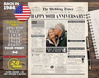 Personalized Newspaper Anniversary Poster with Photo, 1986 Anniversary Sign, 40 Year Ago In 1986, 40th Wedding Print, Gifts for Husband