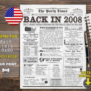 Back in 2008, Newspaper Birthday Poster, 17th Birthday Sign, 2008 Birthday Poster, Newspaper Sign Printable, 17 Birthday Gift, roommate gift