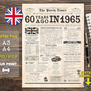Póster del 60.º cumpleaños, versión británica de 1965, periódico del 60.º cumpleaños, póster de cumpleaños de 1965, edición del Reino Unido, en 1965, regalo del 60.º cumpleaños