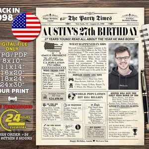 27th birthday gift, Born in 1998, 27th birthday newspaper sign, 1998 birthday poster, 27 years ago back in 1998, 27th birthday decorations