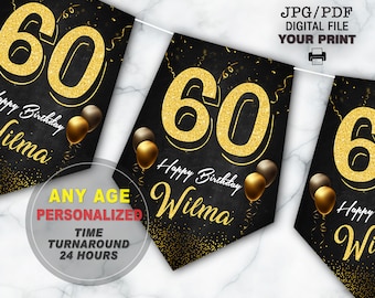 Gold und schwarz alles Gute zum Geburtstag Girlande, personalisieren mit jedem Namen und Alter, Kreide Banner, 60