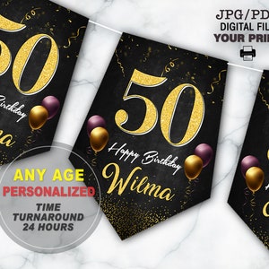 50th Birthday Banner, Black and Gold Glitter Personalised Happy Birthday Bunting, any name or age, 18th, 21st, 30th, 40th, 50th, 60th, 70th