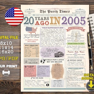 Cartaz de aniversário de 2005, Cartaz de aniversário de jornal, Placa de aniversário de 20 anos para impressão, De volta a 2005, Presente de aniversário de 20 anos, Download instantâneo, faz 20 anos