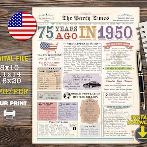 75er Geburtstag Zeitungsschild, 1950 Plakat, vor 75 Jahren im Jahr 1950, 75er Geburtstag Dekorationen, 1950 Geburtstagsplakat SOFORT DOWNLOAD
