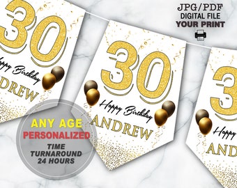 Gold & Black Birthday Bunting, Personalised Silver Birthday Banner, Happy Birthday Banner, 30th Birthday Banner, 18th, 21st, 40th, 50th