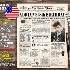 2007 Geburtstag Poster, 18.Geburtstag Geschenk, 18.Geburtstagsschild, Last-Minute-Geschenk, 18.Geburtstags-Dekor, geboren 2007, 18.Zeitungspapier