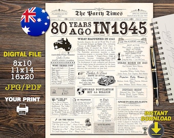 80th Birthday Gift, 1945 Printable Poster Australian fact, 1945 birthday poster, 80th Birthday Newspaper, Back in 1945 AU, INSTANT DOWNLOAD