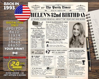 Back in 1993, 32nd Birthday Newspaper Poster Sign, 32nd birthday gift for him or her, born in 1993, 32nd birthday party, Gift for her or him