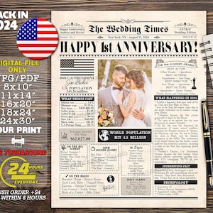 Poster personalizzato per anniversario di giornale con foto, cartello per anniversario 2024, 1 anno fa nel 2024, cartello per il 1° anniversario di matrimonio, poster 2024