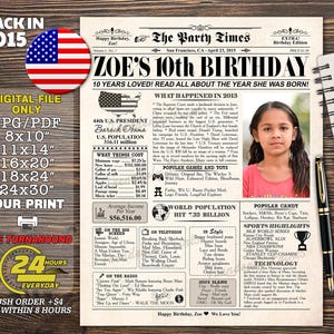 10th birthday newspaper poster sign, 10 year old birthday gift, 10 years ago, back in 2015 fun facts, 10th birthday gift idea, time capsule
