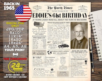 1965 Birthday Newspaper Poster, 61st Birthday Gift (Digital Download)