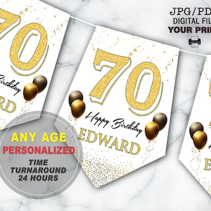 Gold & Black Birthday Bunting, Personalised gold Birthday Banner, Happy Birthday Banner, 70th Birthday Banner, 60th, 50th, 80th, 90th