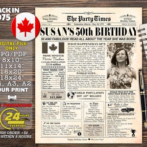 Back in 1975 in Canada, 50th Newspaper Birthday Poster with Photo, 50th Birthday Sign Canadian Facts, 1975 Gift Idea, 50th Birthday Gift
