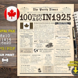 CANADA Back in 1925, 100th birthday newspaper, 100th birthday gift, 100th birthday decorations, Born in 1925, Newspaper 1925, Canadian facts