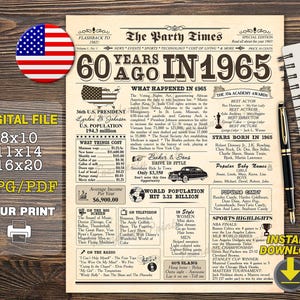 Regalo de 60 cumpleaños para hombres o mujeres, póster de periódico de 1965, póster de cumpleaños de 1965, impresión de 1965, cartel de 60 cumpleaños DESCARGA DIGITAL
