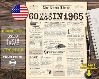 60th birthday gift for men or women, 1965 newspaper poster, 1965 birthday poster, Back in 1965 print, 60th birthday sign DIGITAL DOWNLOAD