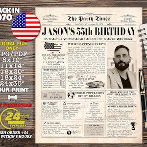 1970 poster, 55th birthday newspaper sign, 1970 birthday poster, 55 years ago, back in 1970, 55th birthday decorations, Adult birthday party