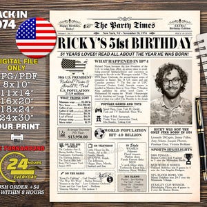 51st Birthday Party Decoration Poster, Personalized Gift With Photo For Woman and Man, Back In 1974 Newspaper Printable Sign, DIGITAL FILE
