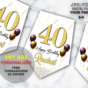 Happy birthday banner, White and gold birthday banner, Personalised with any age, 30th, 40th, 50th, 60th, 70th, 80th, 90th, 100th banner