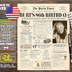 86th Birthday Party Decoration Poster, Personalized Gift Idea, Newspaper With Fun Facts 1939, What Happened The Year You Were Born DIY Print