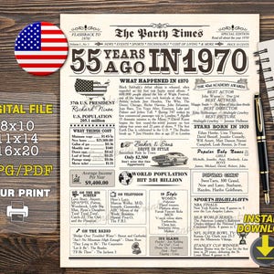 Back In 1970 Newspaper Printable Sign, 55th Birthday Party Decoration Poster, Personalized Gift With Photo For Women and Men, DIGITAL FILE
