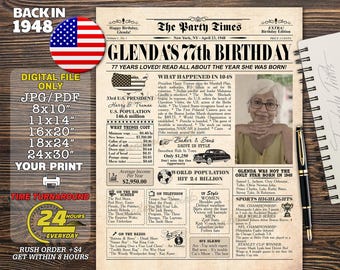77th Birthday Sign with Photo, 77th Birthday Newspaper, 1948 poster, 1948 Newspaper Poster, Old USA Newspaper, 77th Birthday Gift, 1948 USA