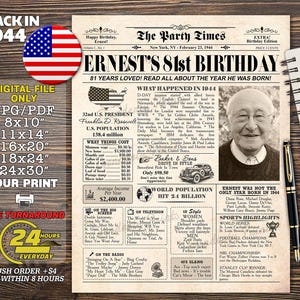 Back in 1944 US, 81st  birthday newspaper, 81st birthday gift, 81st  birthday poster, 81st  birthday decor, Born in 1944, Newspaper 1944