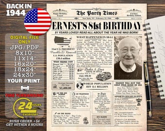 Back in 1944 US, 81st  birthday newspaper, 81st birthday gift, 81st  birthday poster, 81st  birthday decor, Born in 1944, Newspaper 1944