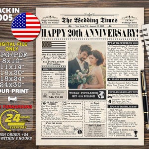 20th Wedding Anniversary Poster, 2005 Year You Were Married Newspaper Style, Platinum Wedding, Personalised, Anniversary gift for parents