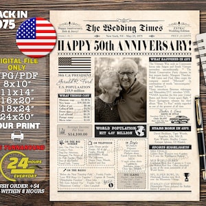 50th Anniversary Gift for Parents, Back in 1975 Newspaper Poster Sign PRINTABLE, 50th Wedding Anniversary Gift for husband wife, ANY YEAR