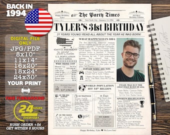 Born in 1994 Party Sign, Personalized Poster For 31st Birthday Party, Newspaper With Fun Facts, Gift Idea For Men Or Women, Digital Board