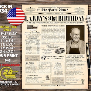 Back In 1934, 91 Geburtstag Zeitung Poster Zeichen, Printable Board, vor 91 Jahren, Geschenk für Frauen Mama Papa Eltern jeden Alters