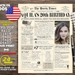 20th Birthday Newspaper Poster Sign PRINTABLE, 2005 Birthday Sign, Back in 2005, 20th Birthday Table Centerpiece, 20th Birthday Decorations