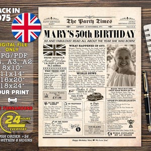50th Birthday Newspaper Poster, 50th birthday gift for men, gift with photo, back in 1975, BRITISH version, BRITISH facts, UK Newspaper