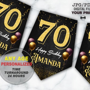 Happy birthday banner, Black and gold birthday banner, Personalised with any age. 35th, 45th, 50th, 60th, 70th, 80th, 90th, 100th banner