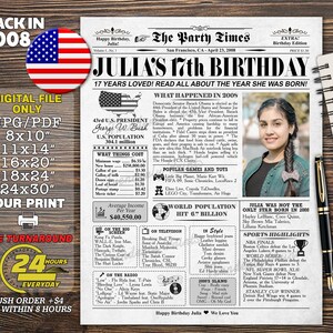 17.Geburtstags-Zeitungsschild, 2008 Geburtstagsposter, vor 17 Jahren, im Jahr 2008 DRUCKBAR, 17