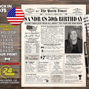 1975 Birthday NEWSPAPER, Back in 1975, Poster for 50th Birthday, 1975 Party Decoration Sign, AUTHENTIC Look Born in 1975, Poster with photo
