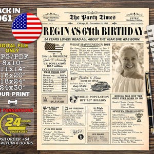 Back in 1961, 1961 Birthday Board, 64th Birthday Printable Sign, 1961 Birthday Poster, 64 Years Ago Back In 1961, 1961 newspaper, Great Gift