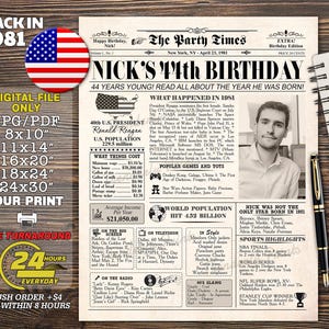 1981 poster, 44th birthday decorations, 44th birthday newspaper sign, 1981 birthday poster, 44 years ago, back in 1981, 44th Birthday Gift