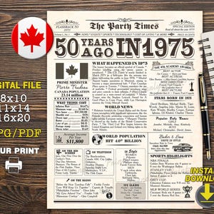1975 CANADA, 50th birthday newspaper sign Canadian, 50 years ago back in 1975, 50th birthday decor, 1975 birthday poster INSTANT DOWNLOAD