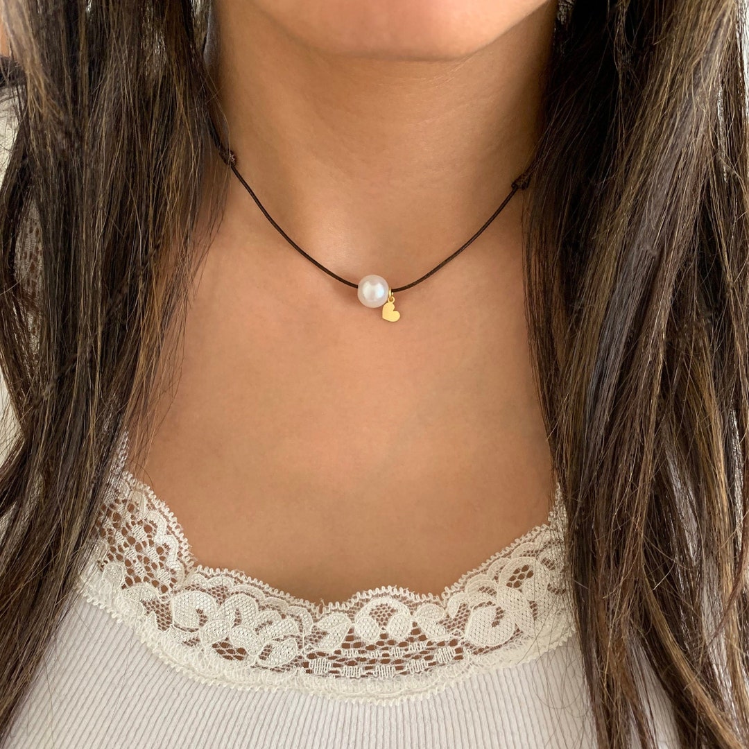 Pearl Cord Necklace, Single Floating Pearl, Slipknot Necklace, Heart Cord Necklace, Simple Pearl